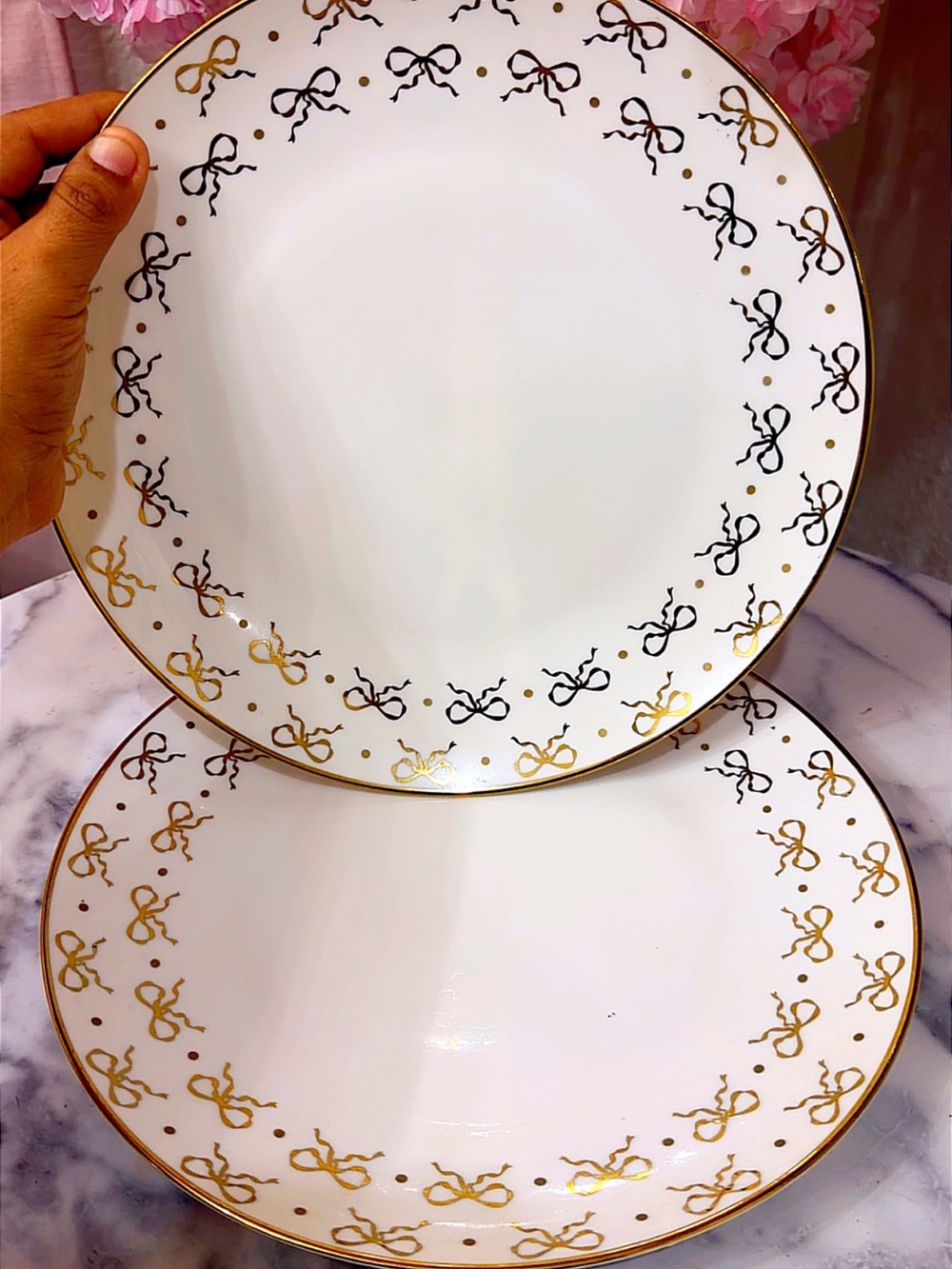 4 Elegant White Porcelain Dinner Plates with Gold Bow Accent